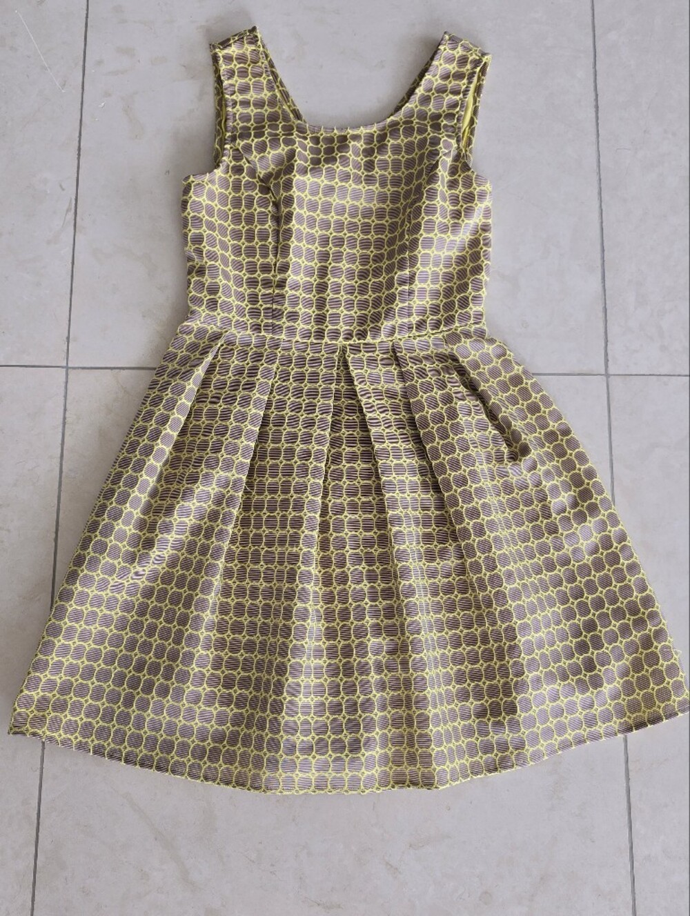 Doe & Rae Geometric Print Fit-and-Flare Dress - Yellow and Light Brown - Small